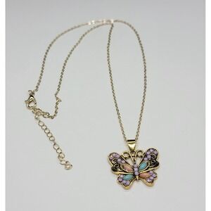 Golden Tone Butterfly Pendant Necklace Multicolor Stones Vintage Style
